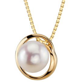 PEORA 14K Yellow Gold Freshwater Cultured White Pearl Pendant, Round Button Shape, 9mm Swirl Slider Solitaire, Dainty Wedding Pearl Necklace
