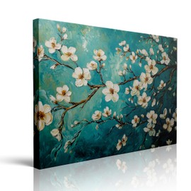 Flower Wall Art Canvas - Cherry Blossom Wall Decor With Wildflower Design, Framed Japanese Painting For Bathroom Or Walls Ready to Hang (12"x16")