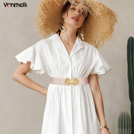 VONMELLI Women Wide Elastic Belt Vintage Stretchy Waistband with Retro Gold Buckle for Dresses Beige S