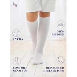 HUGH UGOLI Knee High Cotton Socks for Kids Girls Boys & Toddlers, Long School Uniform Socks, Soft & Comfortable,White, 9-11 Years Old, 4 Pairs