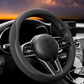 Carodi - Funda para volante de coche, piel y tela de seda de hielo transpirable, cómoda, antideslizante, cálida en invierno y fresca en verano, universal de 15 pulgadas (línea negra y roja)