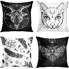 ZHILING Cushion Cover 18x18 inch Home Decor Set of 4 Cushion Covers Decorative for Bed Sofa Cushion Couch Outdoor Capricorn Cat Feather Moth Gothic Cushion Covers 45 x 45 cm (Black and White)