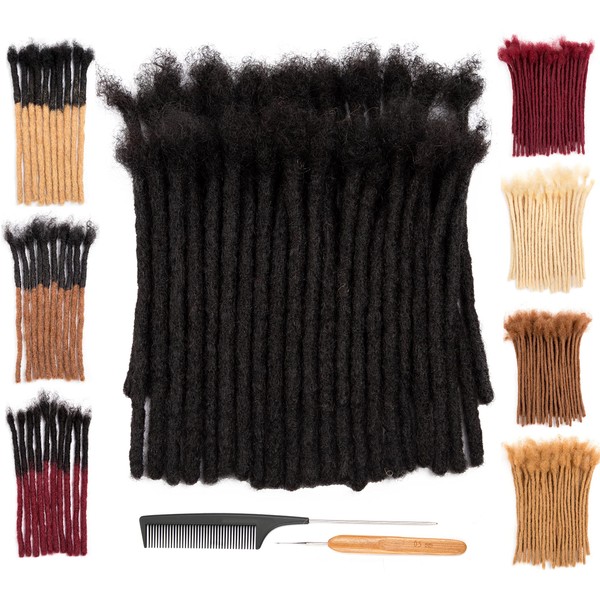 DAIXI 0.8cm Thickness 8-18 Inch 60 Strands and 0.4 0.6cm Options 100% Real Human Hair Dreadlock Extensions for Man/Women Full Head Handmade Permanent loc Extensions Bundles Can Be Dyed Bleached Curled and Twisted including Free Needles and Comb