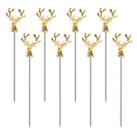 Mewuthede Cocktail Picks,8 Piece Stainless Steel Deer Head Shape Martini Picks Reusable Toothpicks Fruit Picks for Olives, Appetizer, Sandwiches, Cherries (Gold)