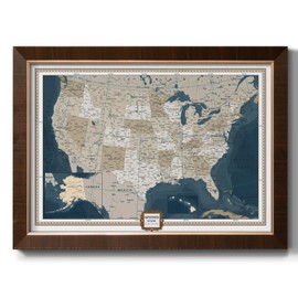 Renditions Gallery Colorful World Map Canvas Wall Art with Vintage Gold Frame Wall Hanging Travel Map with Push Pins for Home, Office, Classroom