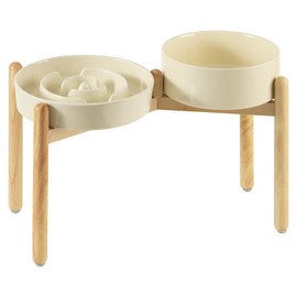 Havniva Ceramic Raised Slow Feeder Dog Bowl Set, Elevated 8.2inch Bowl and 9.5inch Puzzle Slow Food Dish with Wooden Stand for Large Dog, Anti-Gulping (2X Beige+ Stand)