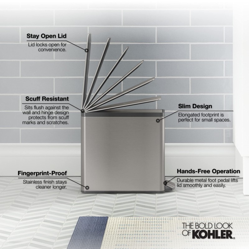 Kohler 20957-STW 2.5 Gallon Slim Step Trash Can, Bathroom Trash