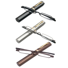 Ultra Small Reading Glasses For Men Women Slim Pocket Readers with Pen Clip Metal Case Spring Hinge 3 Pairs (Black+Grey+Brown,+3.0)