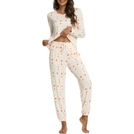 GYS Womens Pajamas Set - Viscose Made from Bamboo, Long Sleeve Sleepwear Tops with Jogger Pants Lounge Pjs Sets, Coral Leopard, Medium