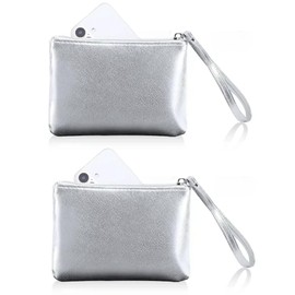 2 Pack Small Zipper Pouch Mini Makeup Bag for Purse Lipstick Cosmetic Travel Make Up Organizer for Women Essentials Feminine Products, Car Change Coin Holder 8x5 Phone Wristlet Wallet, Silver