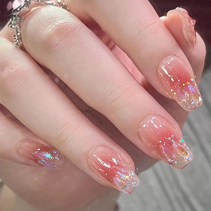 Nail Tip, Short, 24 Pieces, Medium False Nails, Gradient, Pink,