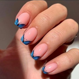 French Tip Press on Nails Short Square Fake Nails Blue Butterfly False Nails Spring Acrylic Nails Glossy Artificial Nails Press ons Glue on Nails for Women Girls Manicure Decoration 24Pcs