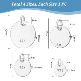 PH PandaHall 4 Sizes 925 Sterling Silver Flat Blank Round Pendant 6/8/10/12 mm Stamping Blanks with Jump Ring for Making Necklaces, Bracelets and Jewellery, Stainless Steel, No Gemstone