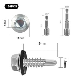 130 Pcs M4.8x16mm Roofing Screws, Hex Washer Head Self Drilling Screws for Metal, Sheet to Timber Roofing Screws with Washers, TEK Screws, Hex Head Timber Screws for Wood Corrugated Roof Fixings