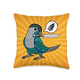 Funny Birds Gifts for Birders and Bird Breeders Knife Parrot Wants Seeds I Turquoise Green Cheek Conure Throw Pillow, 16x16, Multicolor
