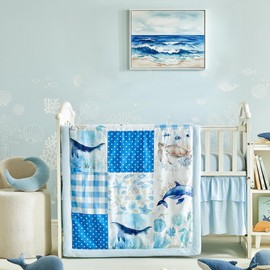 Patchwork Crib Bedding Set Blue Ocean Plaid Design 3 Pieces Baby Cute Quilted Comforter with Fitted Sheet and Bed Skirt - Whales Dolphins Turtles Seahorses Shell Marine Animals Style Crib Bed Set