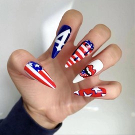 Independence Day Press On Nails Long Almond Fake Nails American Flag Glue on Nail Punk Spicy Girl with Red Lips Design Patriotic False Nails 4th of July Stick on Nails for Women Girls 24 pcs