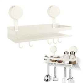Wall Spice Rack, Spice Organiser with Hooks, Suction Cup and Screws Made of Metal Materials, Spice Rack, No Drilling, Suitable for Kitchen, Room, Living Room and Bathroom, 1 Piece, White