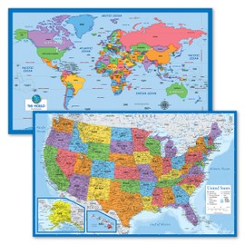 2 Pack - World Map for Kids + Blue Ocean USA Map (LAMINATED, 18" x 29")