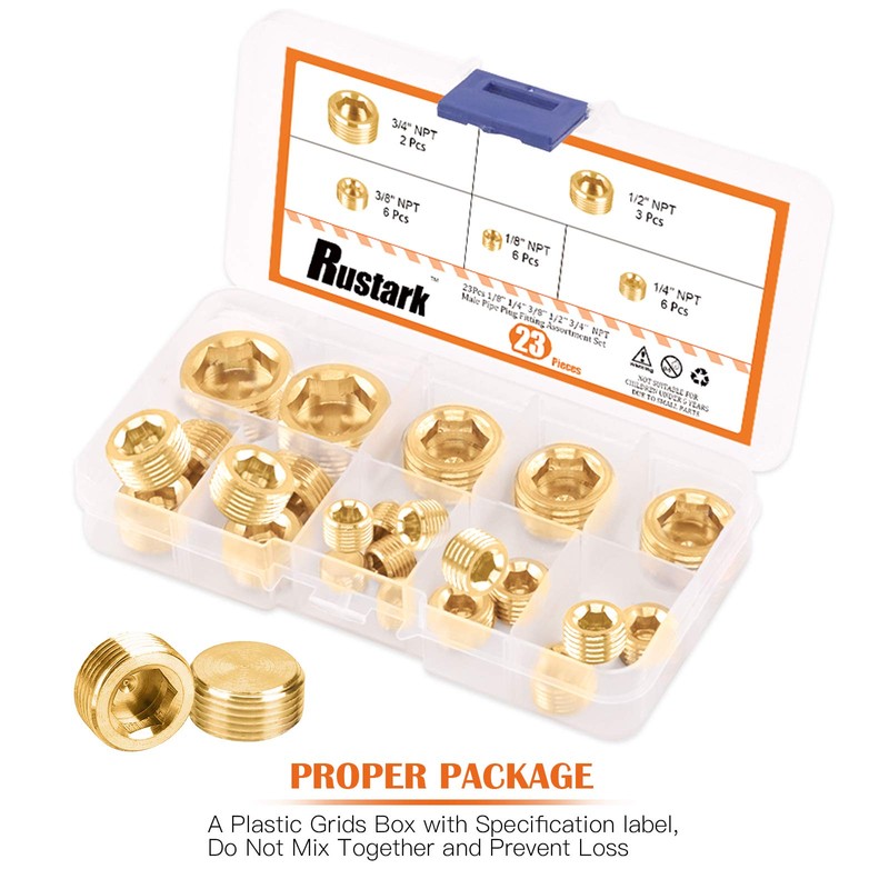 Rustak 23 Pcs Brass Pipe Plugs Assortment Set 1/8" 1/4"