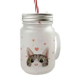 speecheese Cat Mason Jar with Handle Drinking Glass with Lid in Watercolour Style, Cute Glass for Cat Owners with Motif, Cute Pet Cat Lovers, Women, Hearts, Kitchen Accessories, Cat Motif