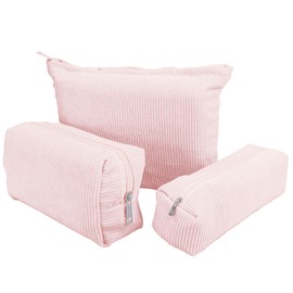 WYYFXY® Pack of 3 Cosmetic Bag Cord Make Up Bag Cord Cosmetic Case Women's Corduroy Makeup Bag Cosmetic Bag Corduroy Beauty Bag Travel with Metal Zip (Pink)