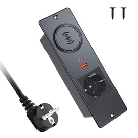 Einbausteckdose with 15W Kabelloses Ladegerät, Haiaoyyds Einbau Steckdosenleiste mit 2 USB (20W), 2m Kabel, Tischsteckdose für Konferenztisch, Arbeitsplatte, Sofatisch, Schwarz