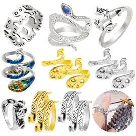 RechicGu 14 Pcs Crochet Knitting Ring Set Adjustable Crochet Tension Ring,Fingers Yarn Guide Knitting Ring for Women Mother Grandma Gift Dragon set, Metal