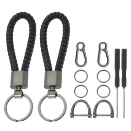 sourcing map Car Key Chain, Handmade Braided Leather Keychain Horseshoe Buckle Metal Keys Holder with 2 Rings, Screwdrivers, Buckles for Men and Women (Black, Pack of 2)