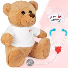 BRUBAKER Teddy Plush Bear with Mouth Guard and Stethoscope - Get Well Soon - 35 cm - Teddy Bear with Doctor Shirt White - Plush Teddy Cuddly Toy - Brown Light Brown
