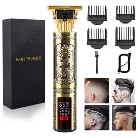 Cortapelos para hombre, sin huecos, inalámbrica, recortadora de pelo con hoja en T, kit profesional de corte de pelo y aseo recargable, recortadora de pelo con visualización LCD (dorado)