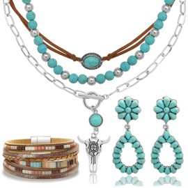 RechicGu Western Jewelry For Women Bohemian Turquoise Dangle Earrings Necklace Bracelet Set, Bullhead Pendant Layered Choker Boho Faux Leather Wristband Country Concert Cowgirl Accessories, Metal, No