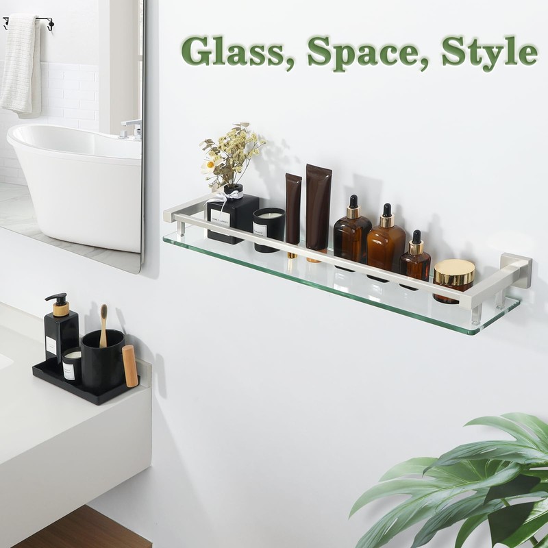 Alise Bathroom Shelf Wall Mounted, Brushed Nickel Large Capacity Glass