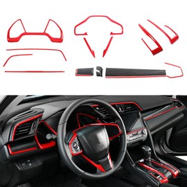 YINGTUU for Honda 10th Civic 2016-2021 Full Set of Car Interiors Cover Instrument Panel Decorative Center Console Moulding Trim Air Outlet Automotive Steering Wheel Accessories 15Pcs Red