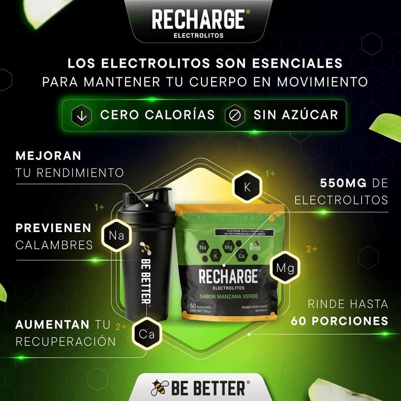 Electrolitos en polvo Be Better RECHARGE Manzana Verde 60 porciones
