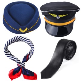 Aichiyu Pilot Hat Captain Pilot and Stewardess Hat Cap Tie Scarf Airplane Flight Attendant Costume Accessory (A)