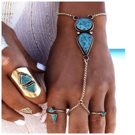 Inateannal Boho Turquoise Slave Bracelet Turquoise Finger Ring Bracelet Vintage Turquoise Wrist Bracelet Silver Hand Harness Chain Jewelry for Women and Girls