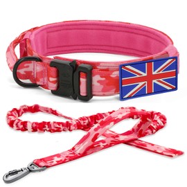 Tactical Dog Collar and Lead Set - YoothBro K9 Military Dog Collar with UK United Kingdom Flag, Adjustable Nylon Dog Collar with Heavy Duty Metal Buckle for Medium Large Dogs Pink, M