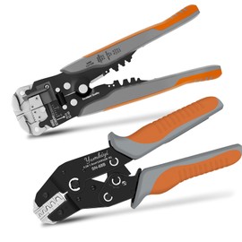 YUMKIYI ワイヤーストリッパーと圧着工具キット、AWG 24-10用の自動ストリッパーとAWG 28-16用のラチェット式電線圧着器（オープンバレルコネクタ用）