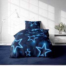 one-home Stars Bed Linen Set 135 x 200 cm Star Stars Dark Blue Light Look Microfibre