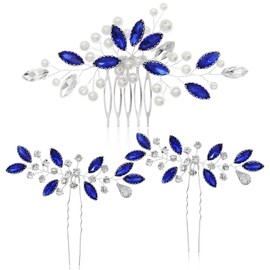 3PCS Crystal Bridal Hair Accessories,Crystal Pearl Hair Pins Accessories,Vintage Blue Leaf Hairpin,Elegant Bridal Wedding Hair Clips for Women and Girls