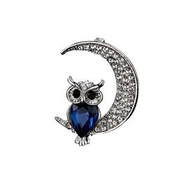 Crystal Moon Owl Brooch Rhinestone Crescent Brooch Lapel Pins for Women Men (Blue)