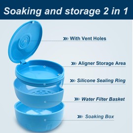 Maoerdental Retainer Cleaner Case,Double Layer No-Leak Denture Cup for Soaking Dentures, Denture Bath for Aligner,Retainers,Mouth Guard,Night Guard Solid Color (Blue)