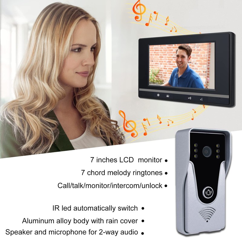 Wired Video Intercom System, 7 Inch Monitor and Aluminum Alloy