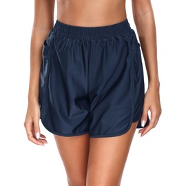 Colloyes Women's 5" High Waisted Swim Board Shorts UPF 50+ Quick Dry Swimming Shorts with Pockets and Liner Navy Blue Size X-Large