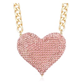 Wellotus Women's Statement Sparkly Heart Necklace Shiny Rhinestone Chunky Chain Necklace Punk Rock Style Costume Jewelry (Pink Color)
