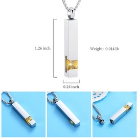 12 Birthstone Bar Cremation Necklace for Women Men Stainless Steel Memorial Urn Jewelry Hold Ashes Keepsake Pendant (Yellow Stone)