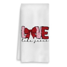 Fuasei Love Like Jesus Valentines Kitchen Towels, Coquette Bow Christian Valentine Hand Towels for Bathroom, Pink Red Valentines Dish Tea Towels, Christian Valentines Decor, 16x24 Inch
