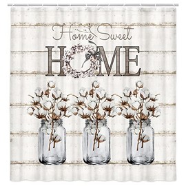 bzwcbei Farmhouse Floral Shower Curtain, Cotton Flower on Rustic Wood Plank Gray White Fabric Shower Curtains, Country Barnwood Modern Bath Accessories Fabric Decor with Shower Hooks (69x75)