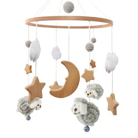 Mobile Baby Wooden Sheep Mobile Baby Bed Wind Chime, Clouds Moon Star Baby Mobile for Bed, Baby Toy Gift for Girls or Boys (Grey)